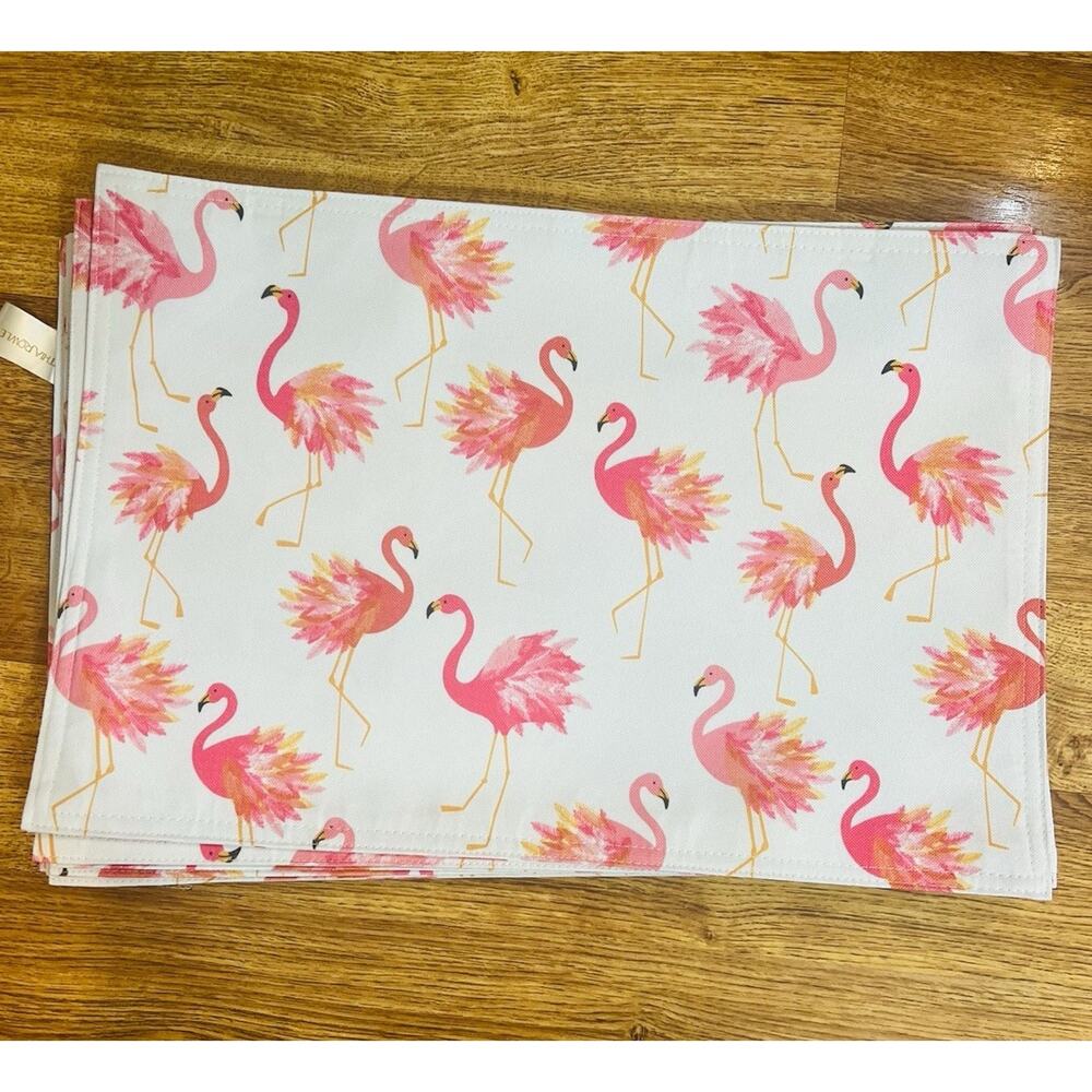 CYNTHIA ROWLEY Set of 4 Pink Flamingo Cloth Placemats Summer BBQ Beach Coastal